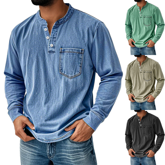👔🔥【S-5XL】Camisa vaquera para hombre de manga larga, cuello en V y bolsillo ✅️Pago contra reembolso