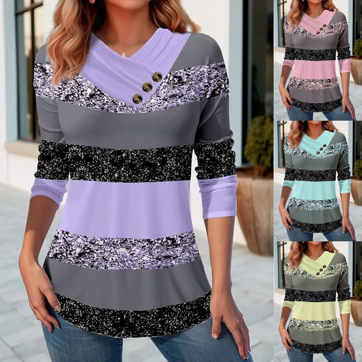 ✨🔥 Poslední den – sleva 50 % 【S–5XL】 Dámský nový podzimní a zimní top s barevně kontrastním designem, výstřihem do V a přiléhavým střihem, dlouhé rukávy