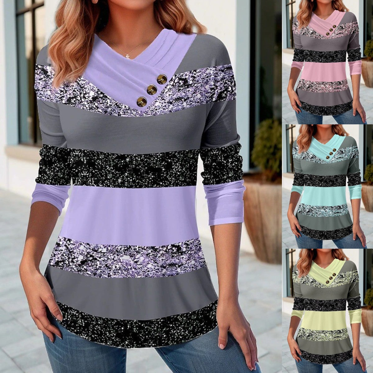 ✨ 【S-5XL】 Nowy, kontrastowy kolorowy top z dekoltem w kształcie litery V, z długim rękawem dla kobiet, jesienno-zimowa