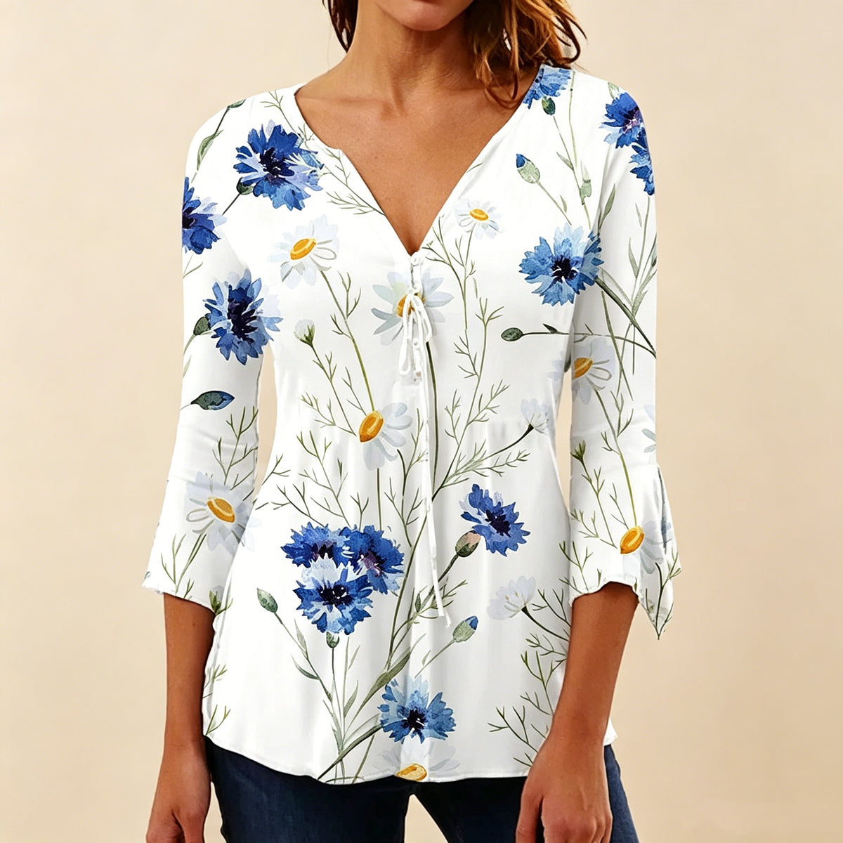🔥【50% off en toda la tienda！！】🔥【S–5XL】Ropa casual cómoda para mujer: blusa con cuello en V y estampado floral