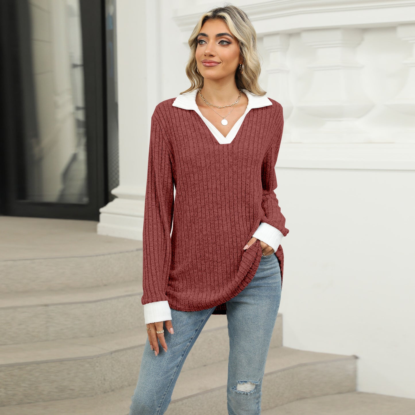 【S-2XL】Nový dámský volný top s dlouhým rukávem a límečkem 4187100