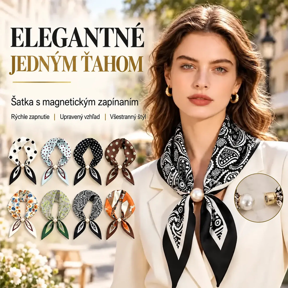 Šátek s magnetickým zapínáním a perlou — elegantní řešení pro každodenní styl, rychlé a bez vázání.