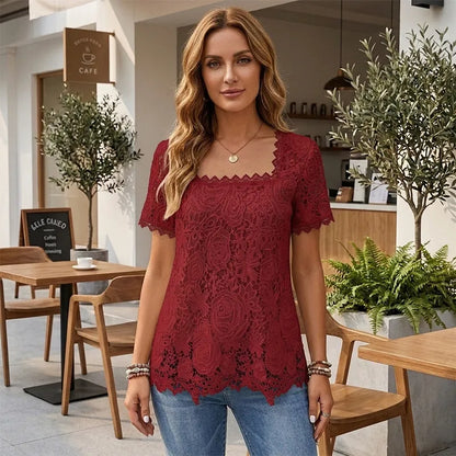 👚【S-5XL】Módní tričko s krátkým rukávem z krajky s výřezy a hranatým výstřihem, elegantní vzhled, snadné kombinování oblečení