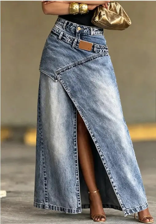 🥇【S–3XL】 Dámská džínová maxi sukně s vrstveným pasem; volný střih, moderní design.