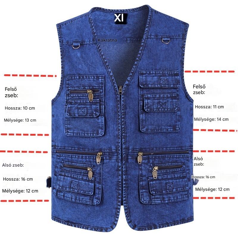 🔥 【Új kollekció -50%】Férfi többzsebes farmer mellény 【XL–7XL】 – tartós, légáteresztő, kényelmes