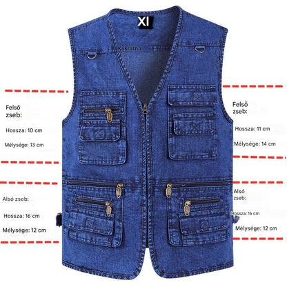 🔥 【Új kollekció -50%】Férfi többzsebes farmer mellény 【XL–7XL】 – tartós, légáteresztő, kényelmes