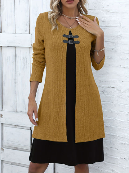 🔥💃【S-3XL】✨✨Nowa modna i elegancka zimowa sukienka sweterkowa w bloki kolorów 4181975