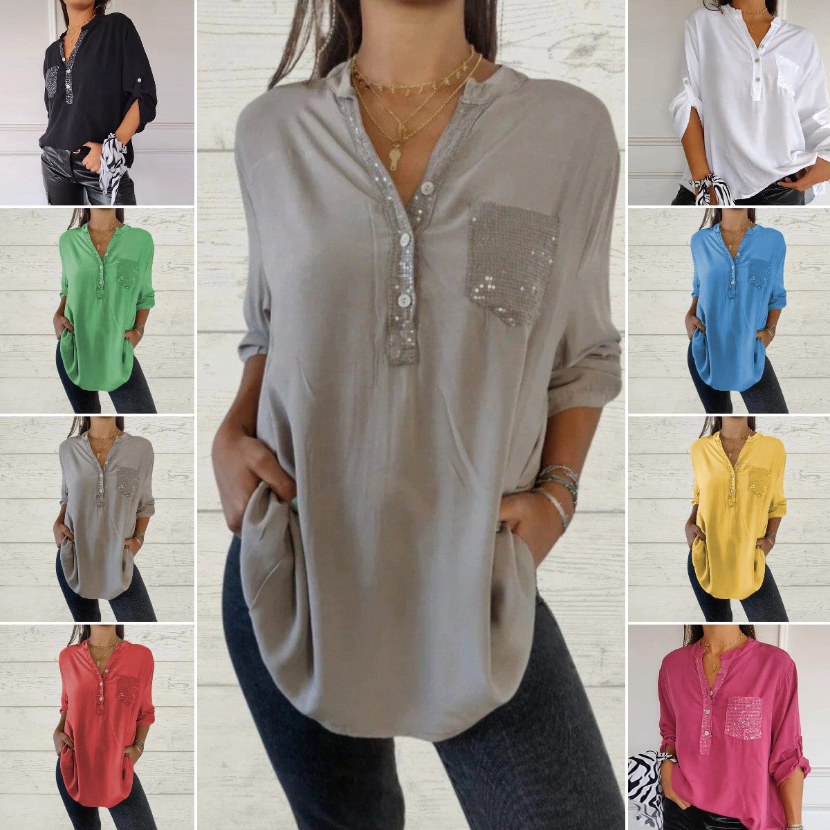 【S-5XL】2024 noua camasa casual cu decolteu in V de culoare solida-3597620