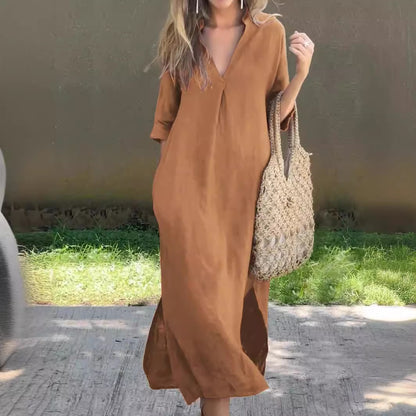 💃💋【50% zniżki 🔥】【S–3XL】Długa lniana spódnica z dekoltem w serek i rozcięciem, wygodna i lekka, idealna na lato-4262267