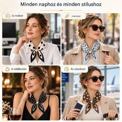 ✨ 4 darabos keskeny selyemsál szett – tavaszi-nyári elegancia és finomság! Finom anyag, sokoldalú – viselhető a nyakon, hajpántként vagy táskadíszként is!