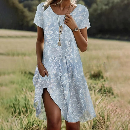 🛒📣【Promocja】💖【S-3XL】👗Nowa sukienka swobodna z okrągłym dekoltem i nadrukiem na wiosnę i lato
