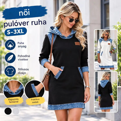 🔥 Új divatos kapucnis farmerruhák patchwork dizájnnal ✅ Ingyenes szállítás ✅ Utánvétes fizetés