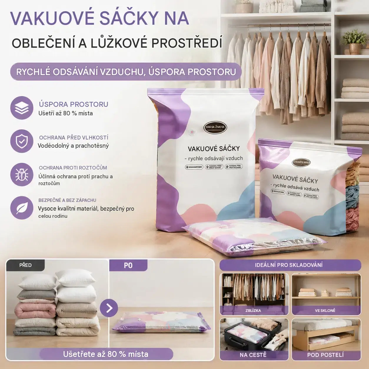 🧳⭐💨 Velké, flexibilní vakuové úložné sáčky: Není potřeba žádné vzduchové čerpadlo, nepropustné, ideální pro úsporu místa v kufru i doma ✈️