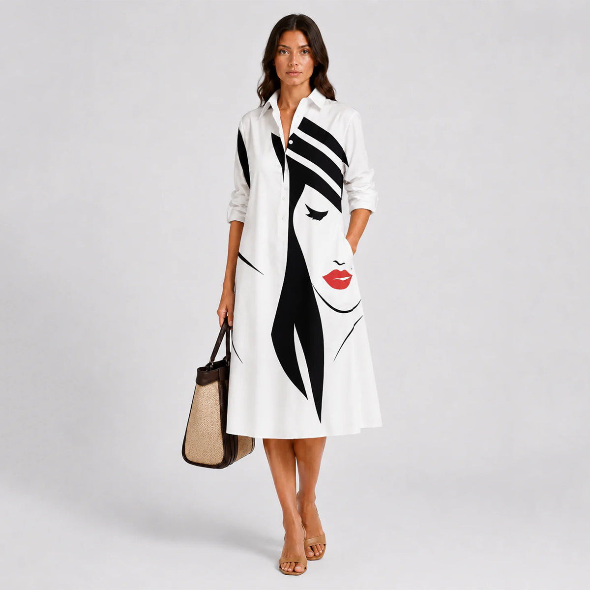 💖【S-5XL】Stylové a elegantní dlouhé šaty s potiskem, košilový límec, dlouhý rukáv, midi délka