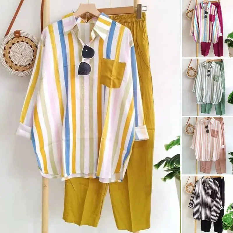 ⏳✨【S-5XL】Nová módní ležérní souprava (pruhovaná košile s potiskem + kalhoty)