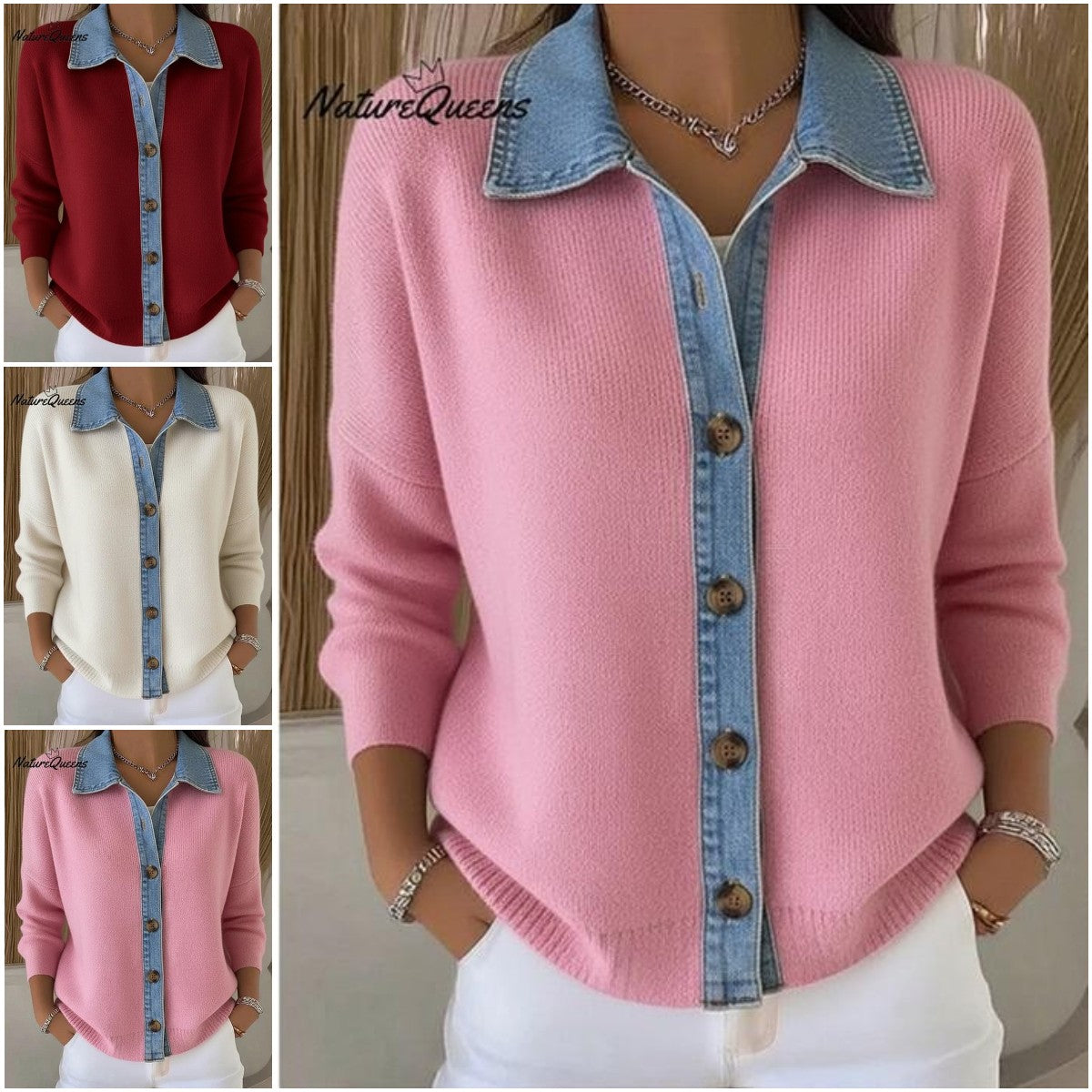 🔥🎉【Oferta specjalna✨】【S-3XL】🌷🙌Nowy zimowy damski kardigan z dzianiny jeansowej z nadrukiem patchworkowym 4187570
