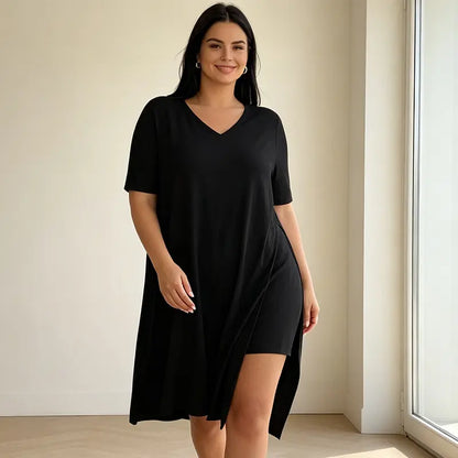 🌿 Nagy méretű női nyári szett – hosszú póló oldalhasítással + rövidnadrág 👗 Puha, sztreccs és lélegző anyag, maximális kényelem egész nap! ✨