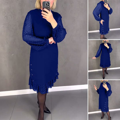 🔥👗【S～5XL】Nova modna enobarvna obleka z dolgimi rokavi in širokimi naborki 4141548