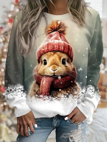 💖 Zimní akce 💖 Dámská zimní mikina s kulatým výstřihem a roztomilým potiskem zajíčka