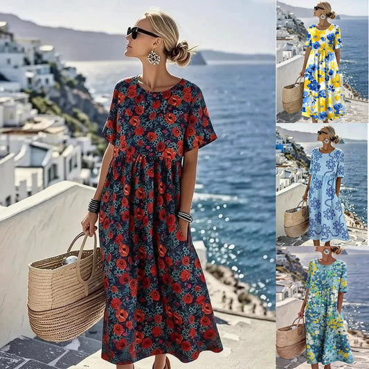 🏖️Poslední den – sleva 50 %!【S–4XL】Lehké dámské šaty s módním potiskem, zeštíhlující střih a prodyšný materiál.