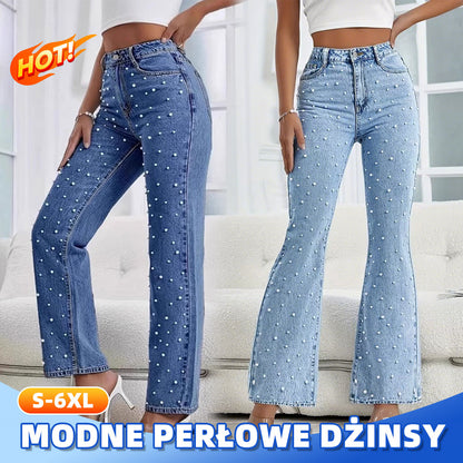 Modne, wyszczuplające spodnie damskie plus-size z denimu spranego z koralikami-4255671