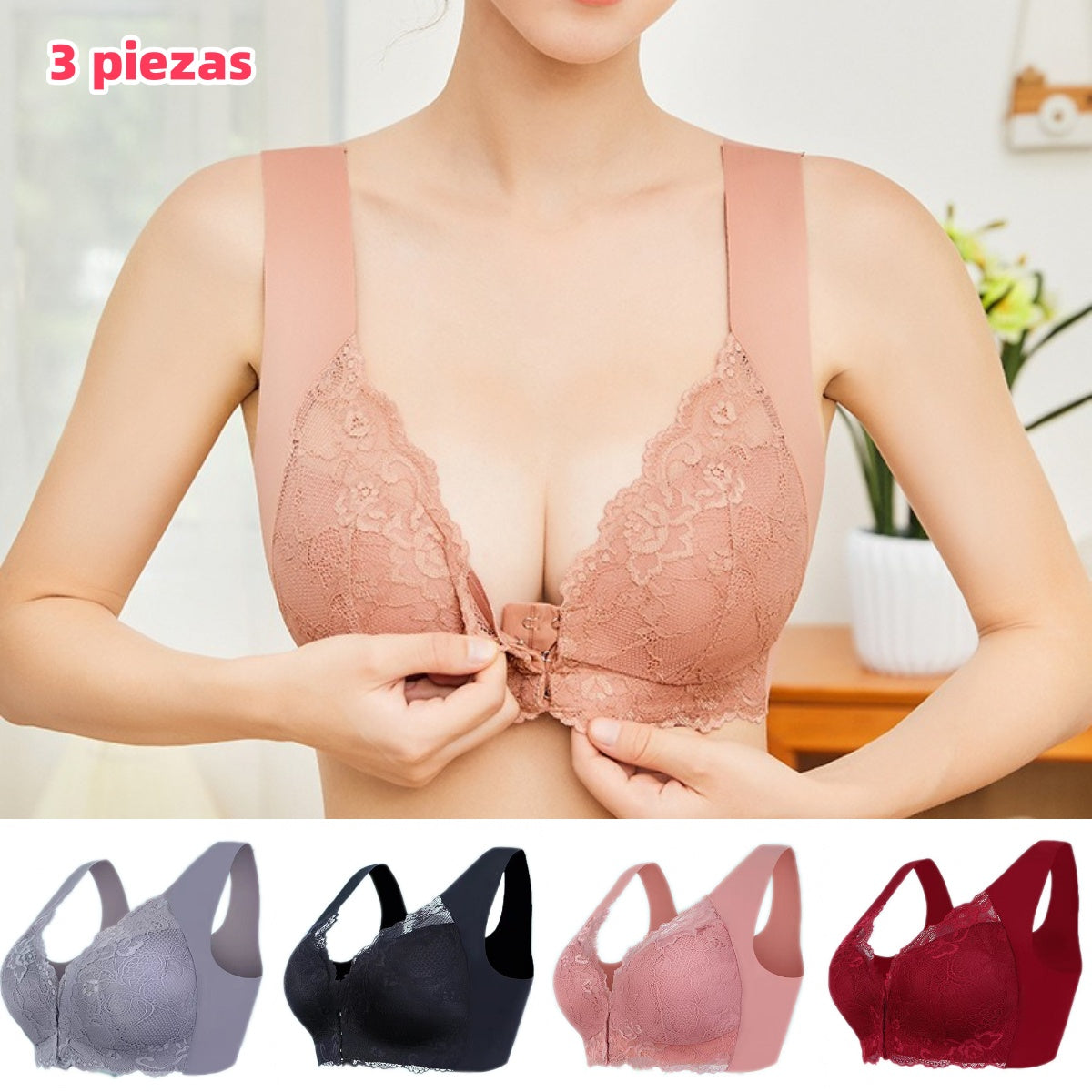 ✨【3 sztuk】Duży, seksowny biustonosz z zapięciem z przodu, bez stalowego kółka, piękna bielizna z tyłu
