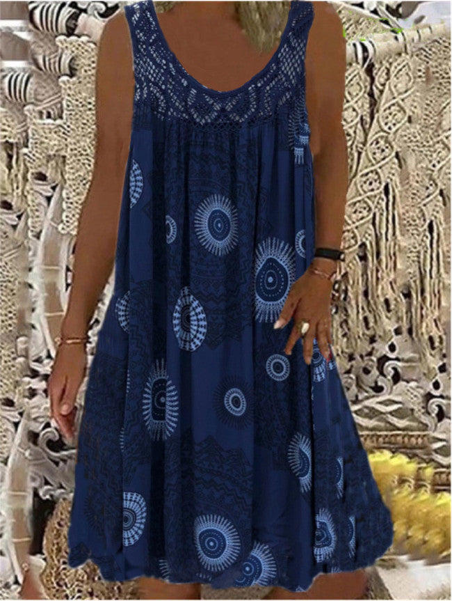 🎁👗 [S-5XL] Dámské letní šaty s límečkem bez rukávů s potiskem