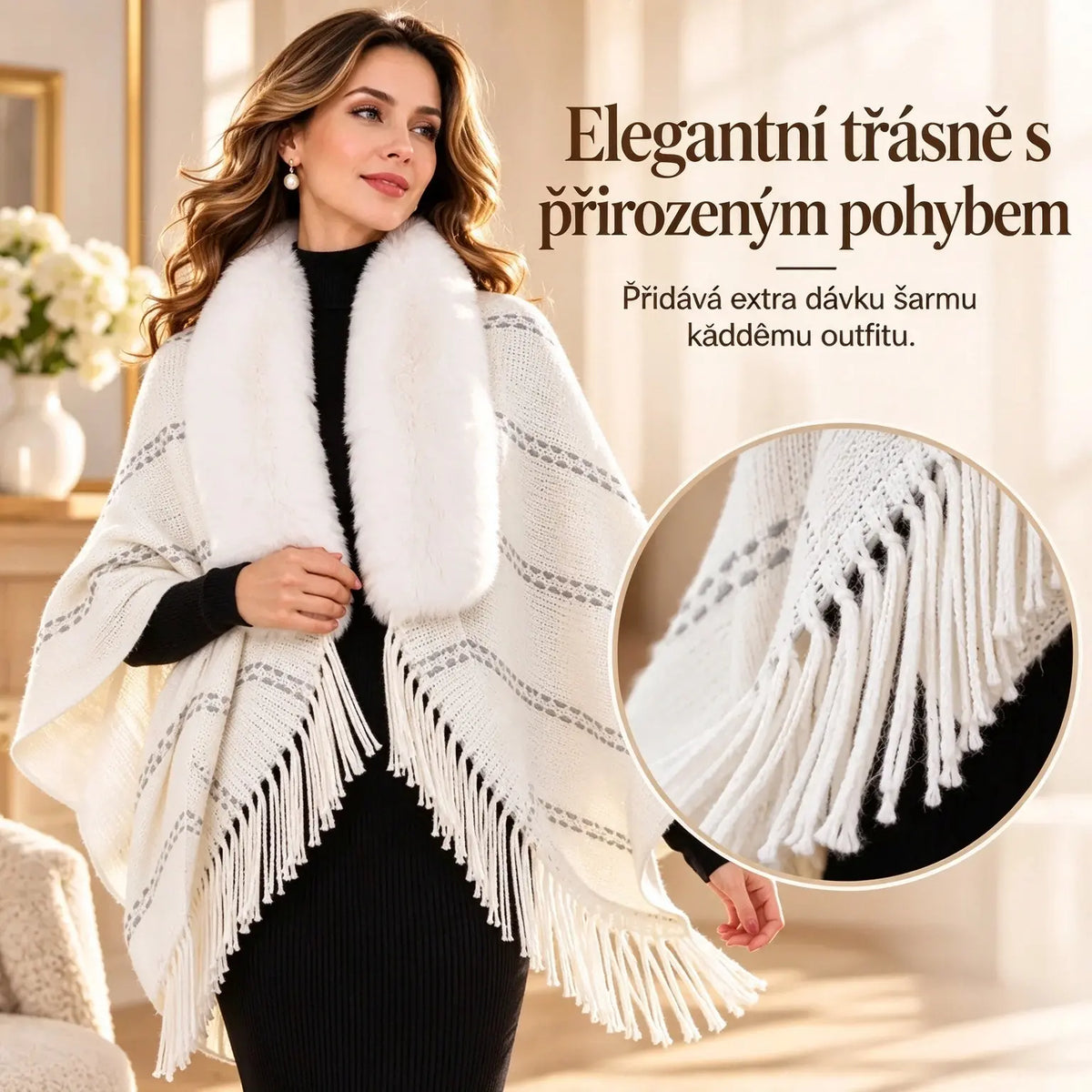 🧣✨ Ženský pletený pončo s kožím límečkem a třásněmi, teplý podzimní a zimní šál, volný střih, tvaruje postavu ✨