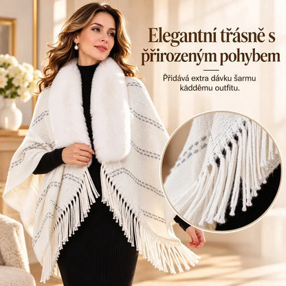 🧣✨ Ženski pleteni pončo s krznenim ovratnikom in resami – toplo jesensko in zimsko ogrinjalo z ohlapnim krojem, ki lepo pristaja postavi ✨