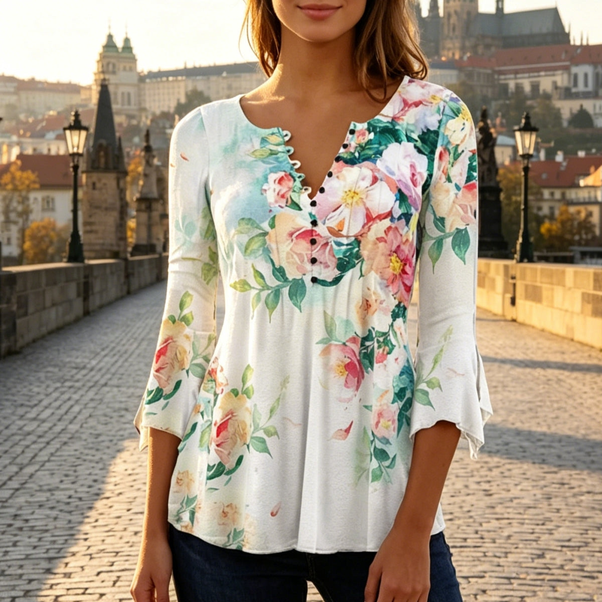 😍【Sleva 50 %!】Stylové dámské tričko s výstřihem do V [S-5XL] s velmi moderním potiskem.
