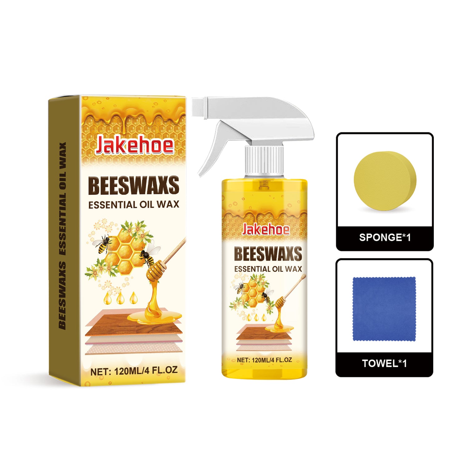 Lešticí sprej na dřevo s včelím voskem 120 ml (včetně houbičky a hadříku) pro péči o nábytek, prevenci praskání a ochranu laku.