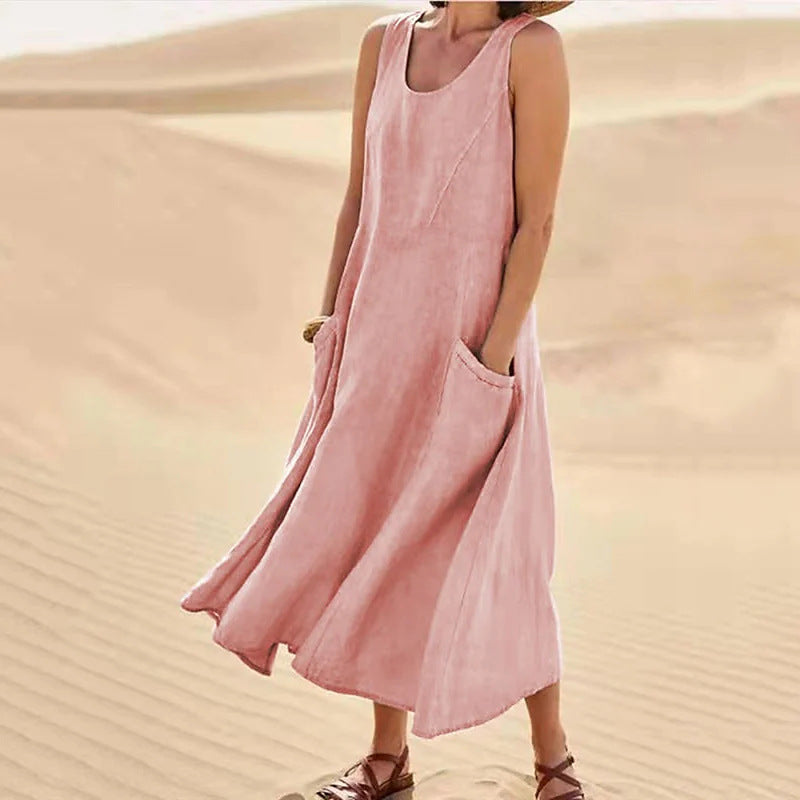 🌈👗【7 barev, S-5XL】💖 Nové elegantní jednobarevné šaty bez rukávů s kulatým výstřihem z bavlny a lnu na léto 2026.