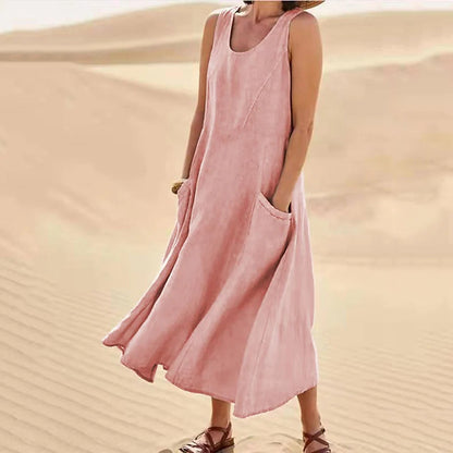 🌈👗【7 barev, S-5XL】💖 Nové elegantní jednobarevné šaty bez rukávů s kulatým výstřihem z bavlny a lnu na léto 2026.