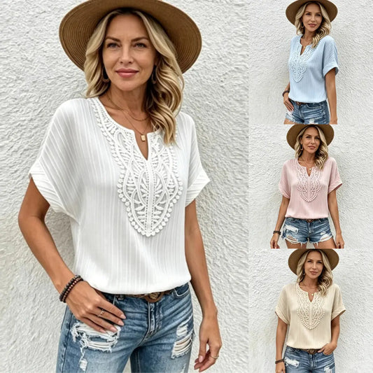 ✨Letní speciální nabídka【S–2XL】 Elegantní letní módní vyšívané tričko s výstřihem do V – vyrobeno z lehkého a měkkého materiálu, prodyšné a příjemné na dotek.