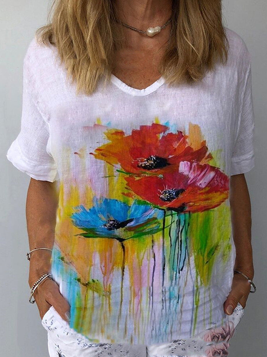 💐🌈T-shirt z krótkim rękawem i bawełnianą lnianą nadrukiem w kwiaty-3984791