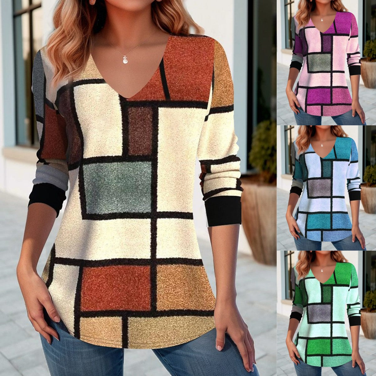 💥【S-5XL】 T-shirt z nadrukiem na wiosnę i jesień z dekoltem w kształcie litery V 3728168