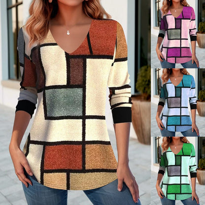 💥【S-5XL】 T-shirt z nadrukiem na wiosnę i jesień z dekoltem w kształcie litery V 3728168