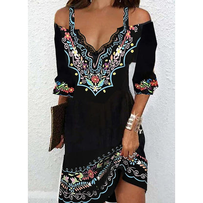 🌸👗【50% kedvezmény】【5XL-ig】2026-os ruha – divatos mintás, szexi csipke, vállkivágásos design