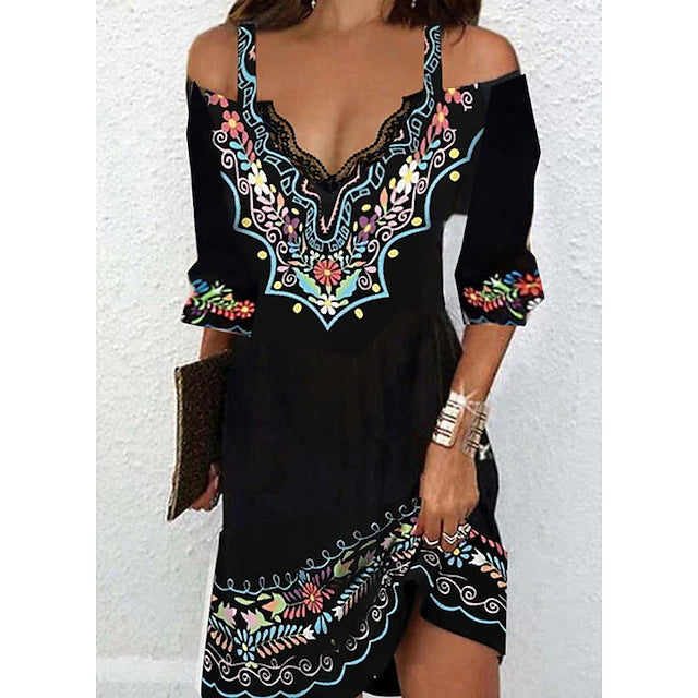 🌸👗【50% kedvezmény】【5XL-ig】2026-os ruha – divatos mintás, szexi csipke, vállkivágásos design