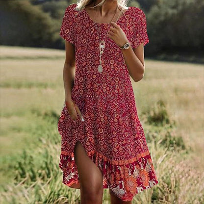🛒📣【Promocja】💖【S-3XL】👗Nowa sukienka swobodna z okrągłym dekoltem i nadrukiem na wiosnę i lato