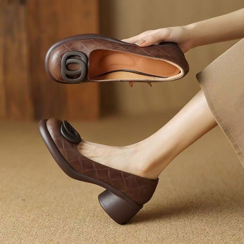 👠【35-40】2025 nowe 5CM uniwersalne modne miękkie podeszwy retro grube obcasy okrągłe palce skórzane buty-3909030