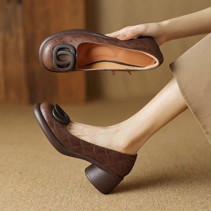 👠【35-40】2025 nowe 5CM uniwersalne modne miękkie podeszwy retro grube obcasy okrągłe palce skórzane buty-3909030
