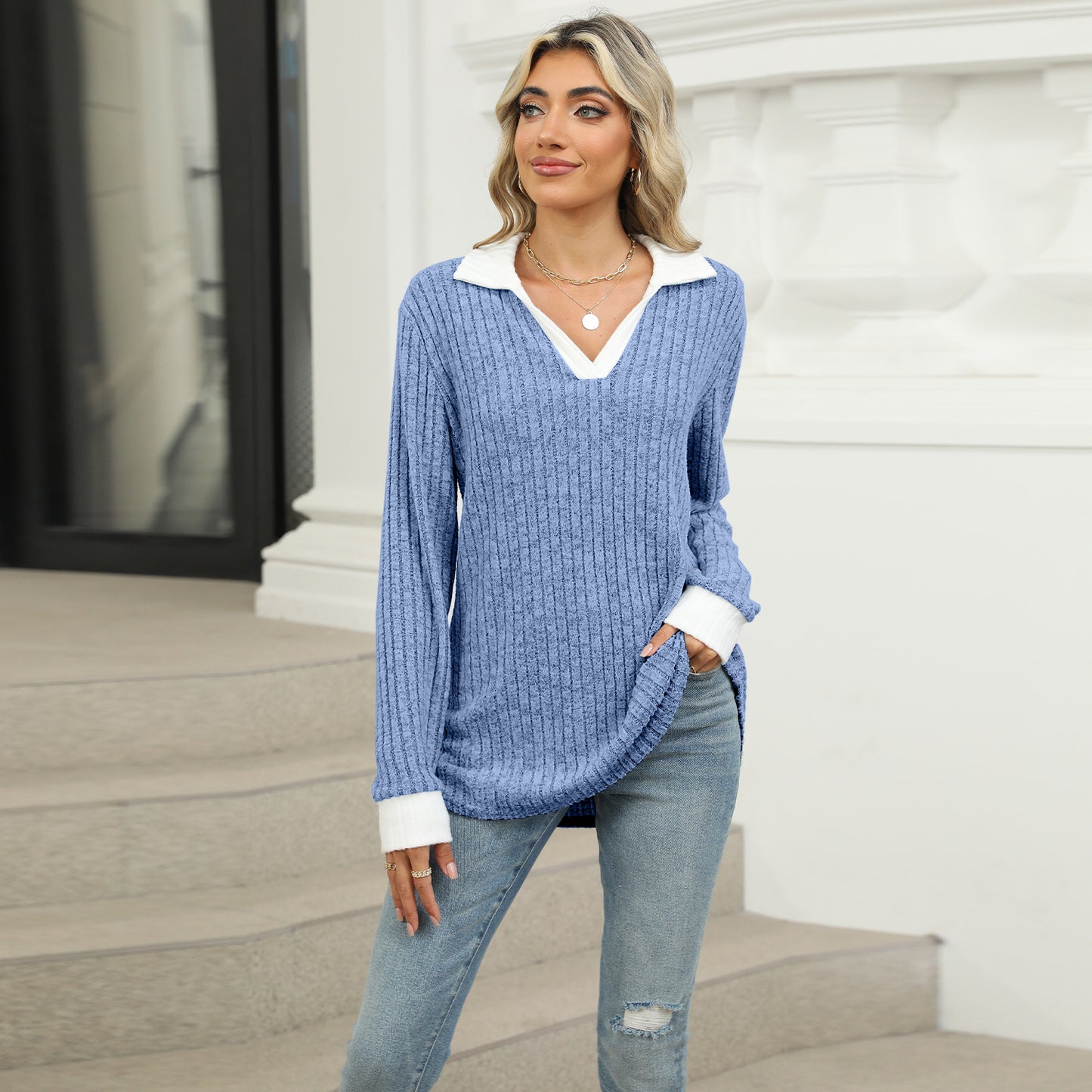【S-2XL】Nový dámský volný top s dlouhým rukávem a límečkem 4187100