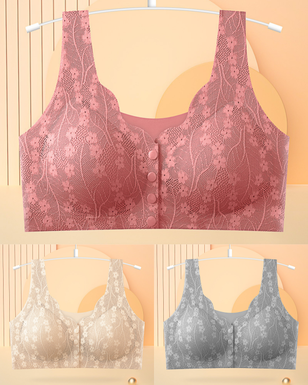 😍【3sztuk】【40-100KG】Damski, bezprzewodowy, koronkowy biustonosz zapinany z przodu-4224375