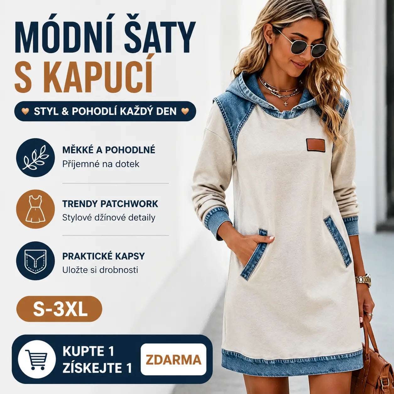 🌺【50% sleva】🌞Zimní novinka Módní džínové patchworkové šaty s kapucí