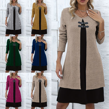 🔥💃【S-3XL】✨✨Nowa modna i elegancka zimowa sukienka sweterkowa w bloki kolorów 4181975