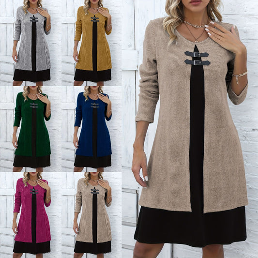 🔥💃【S-3XL】✨✨Nowa modna i elegancka zimowa sukienka sweterkowa w bloki kolorów 4181975