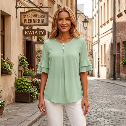 🍁【S-3XL】💥Elegantní šifonová halenka s volánky a rukávy pro ženy | Ležérní kancelářská košile s ozdobnými knoflíky, volný a vzdušný střih