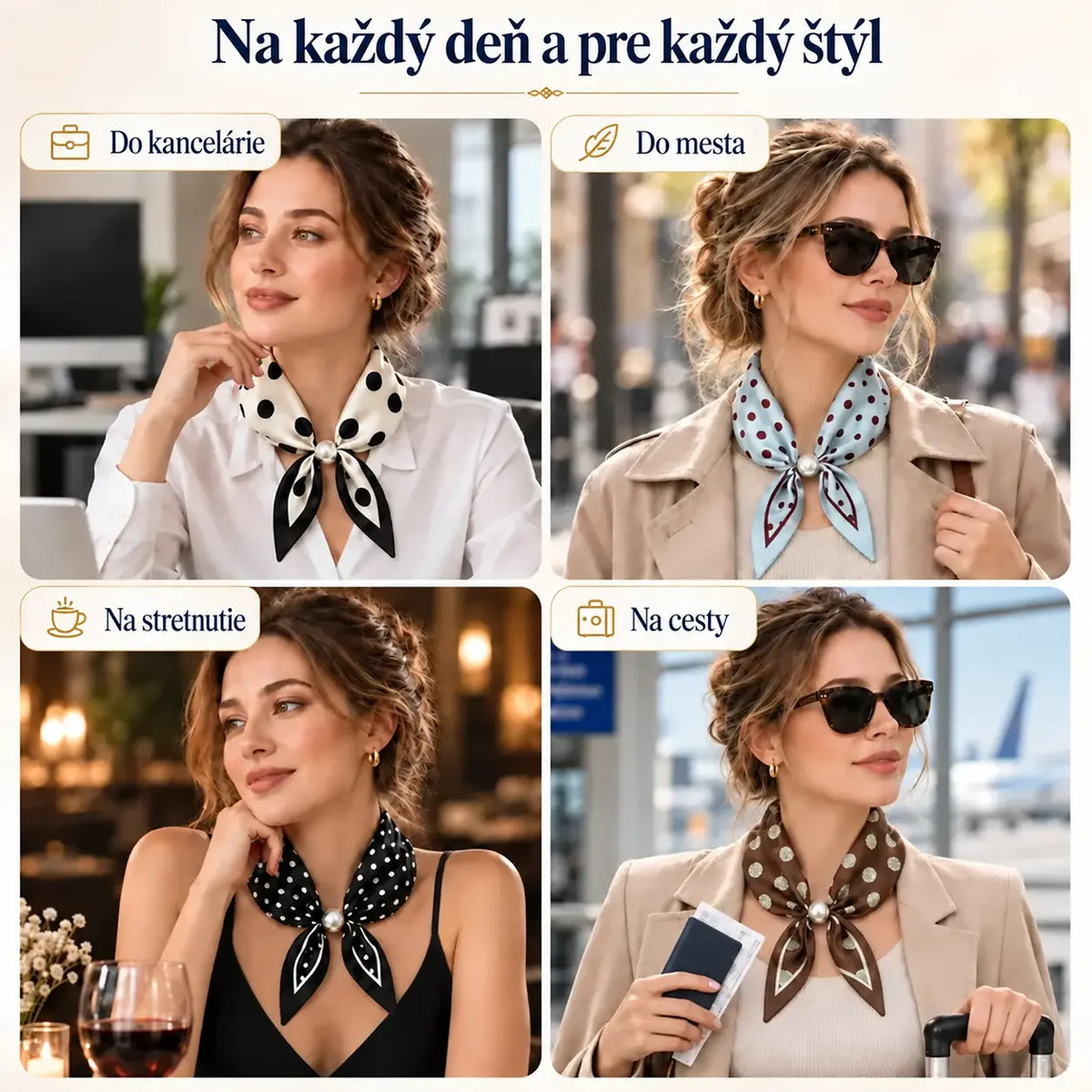 Šátek s magnetickým zapínáním a perlou — elegantní řešení pro každodenní styl, rychlé a bez vázání.