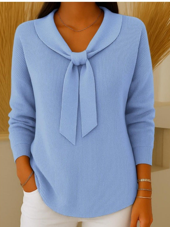 Dámský jednobarevný svetr s dlouhým rukávem a zavazováním v pase (S-2XL), ležérní a volný střih 4170826